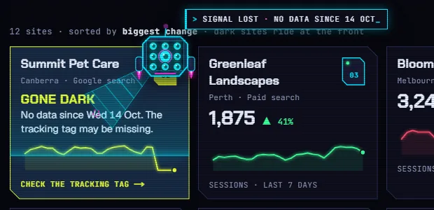 ARGUS-9 hovering over the Summit Pet Care card with its scan beam on, and a terminal tag reading signal lost, no data since 14 October.