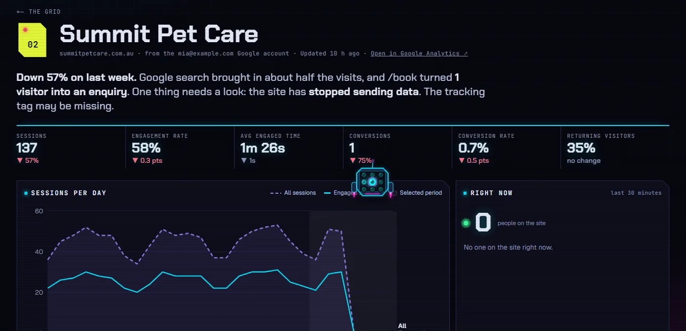 A Polyoptra site page for Summit Pet Care: a summary sentence, six key numbers, and a sessions-per-day trend chart.